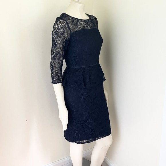 ADRIANNA PAPELL Silk Formal Dress Lace Peplum Waist Blue 3/4 sleeve Size 8 - Picture 7 of 13